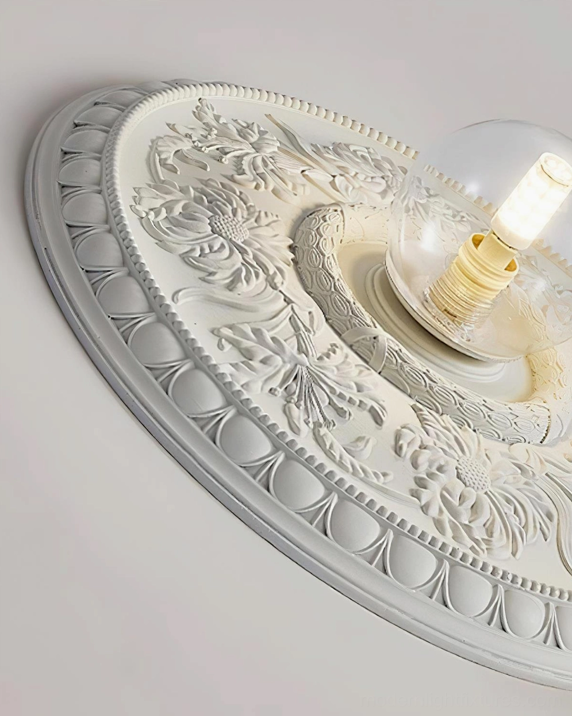 Rochelle flush mount ceiling light fixture showing complete neoclassical design and sculptural carved details
