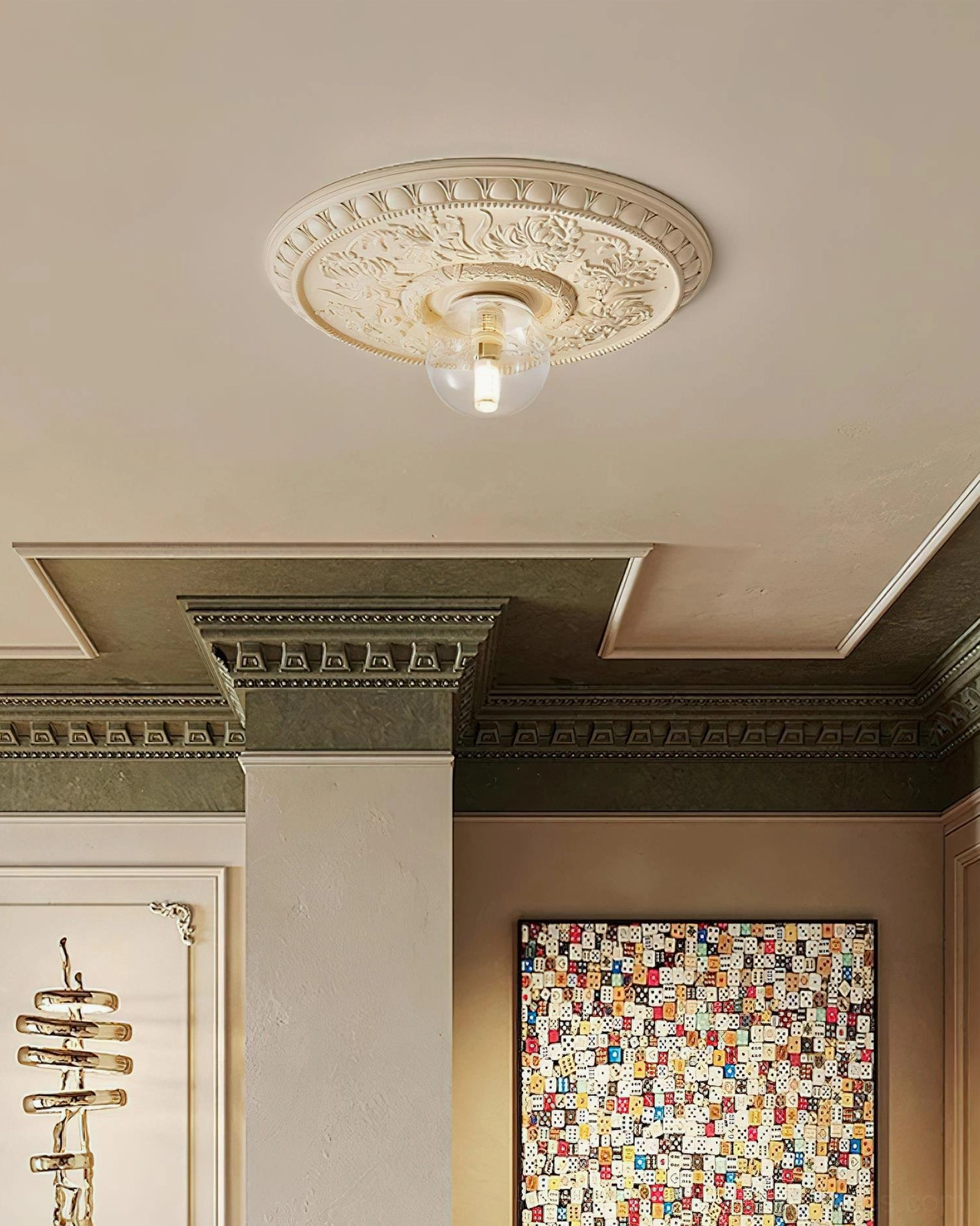 Rochelle neoclassical ceiling fixture mounted in luxury entryway with decorative architectural trim