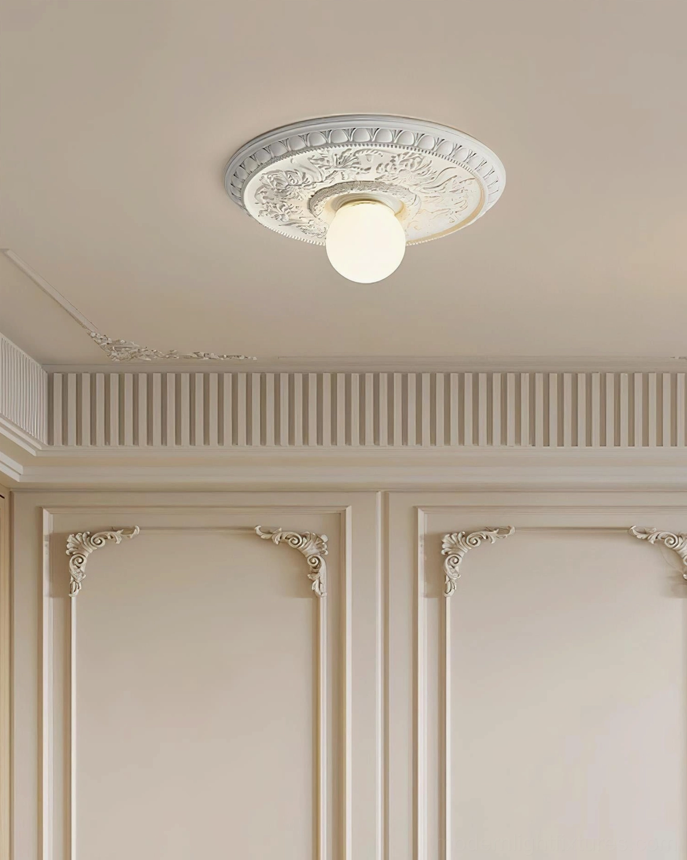 Rochelle neoclassical carved ceiling light in soft grey tone with paneled classic interior installation