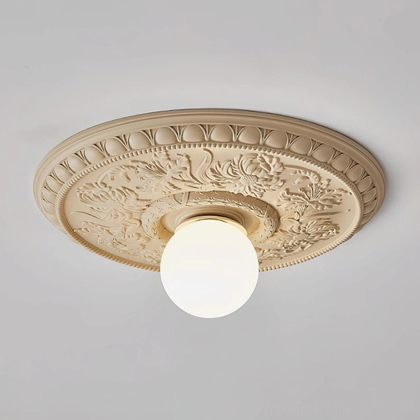 Rochelle neoclassical carved ceiling fixture with milk coffee finish and white lampshade combination