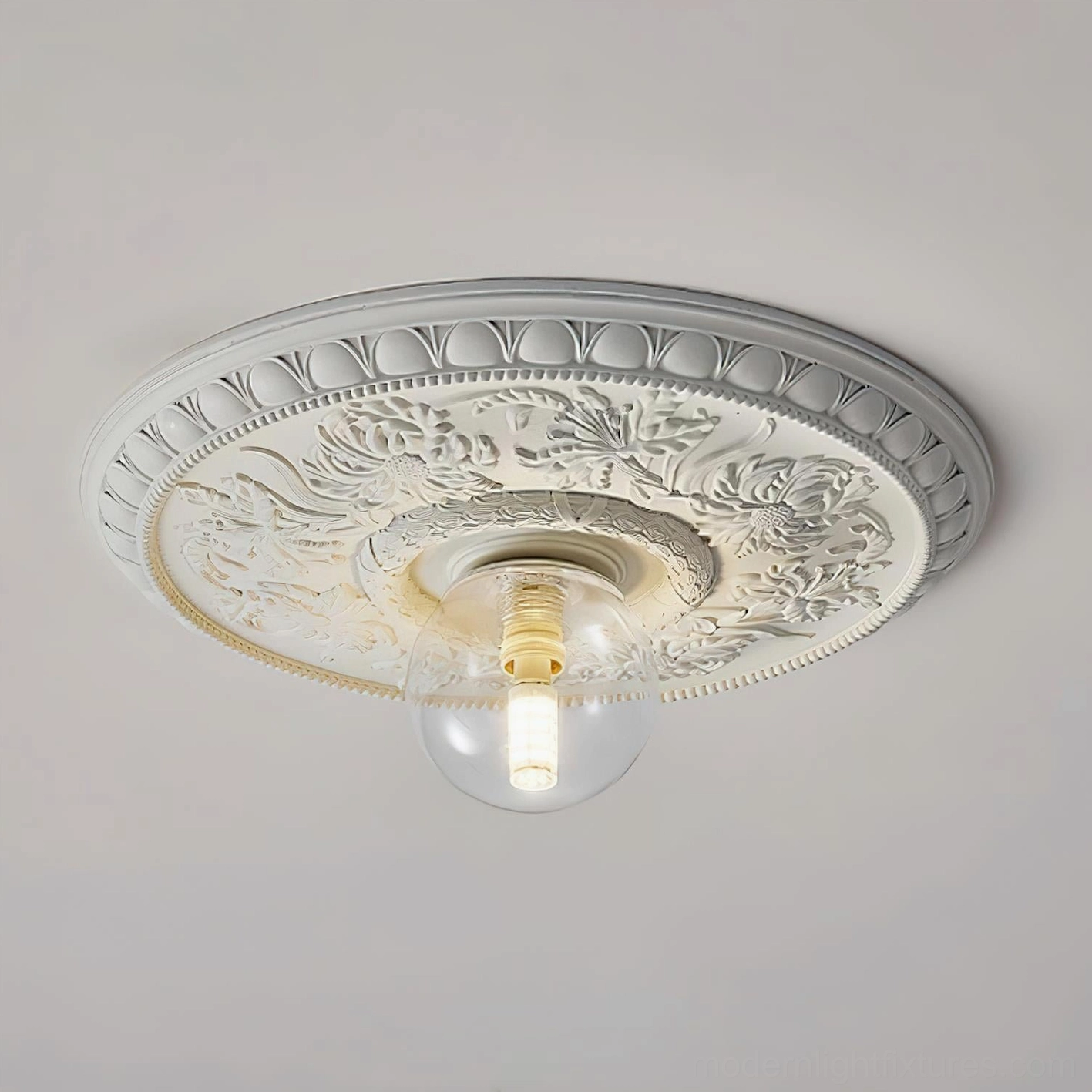 Rochelle ceiling light featuring white canopy with clear lampshade for transitional interior design