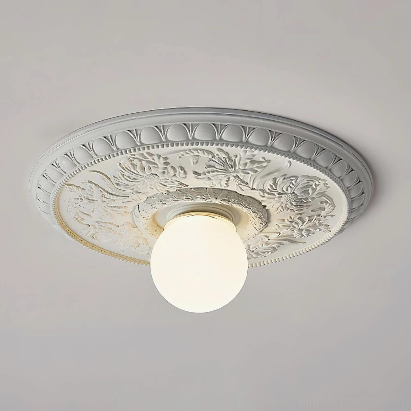 Rochelle carved ceiling light with all-white finish and white lampshade for clean contemporary interiors