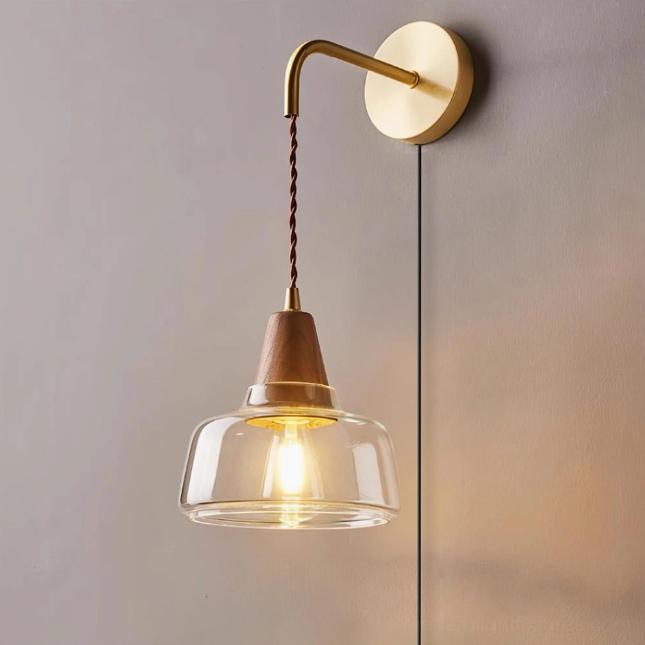 Rockford brass and walnut wall sconce variant - plug-in fixture with mixed metal wood finish