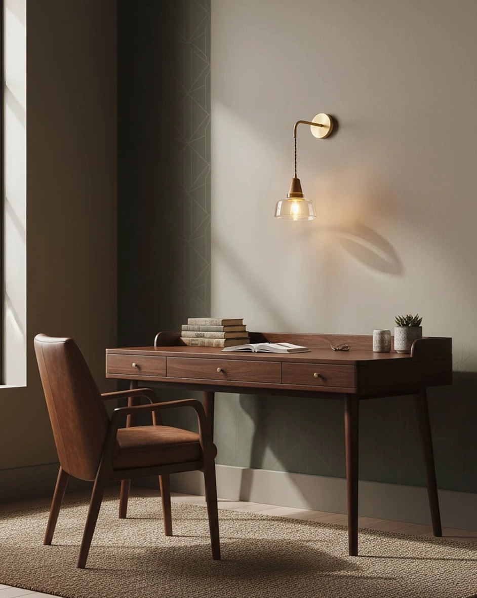 Compact plug-in wall sconce fixture in home office study - small scale Nordic brass glass design at desk