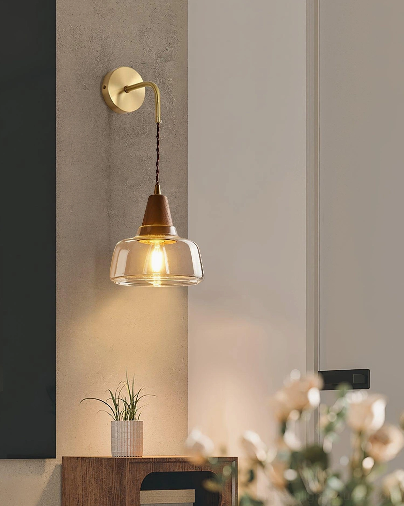 Plug-in wall sconce in living corner with brass and wood design - ambient indoor scene with potted plant