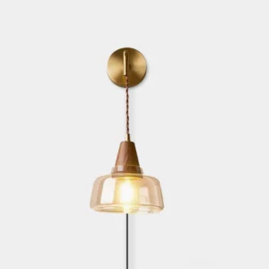 Rockford plug-in wall sconce with brass arm, walnut wood accent, and clear bell glass shade on white background - front view