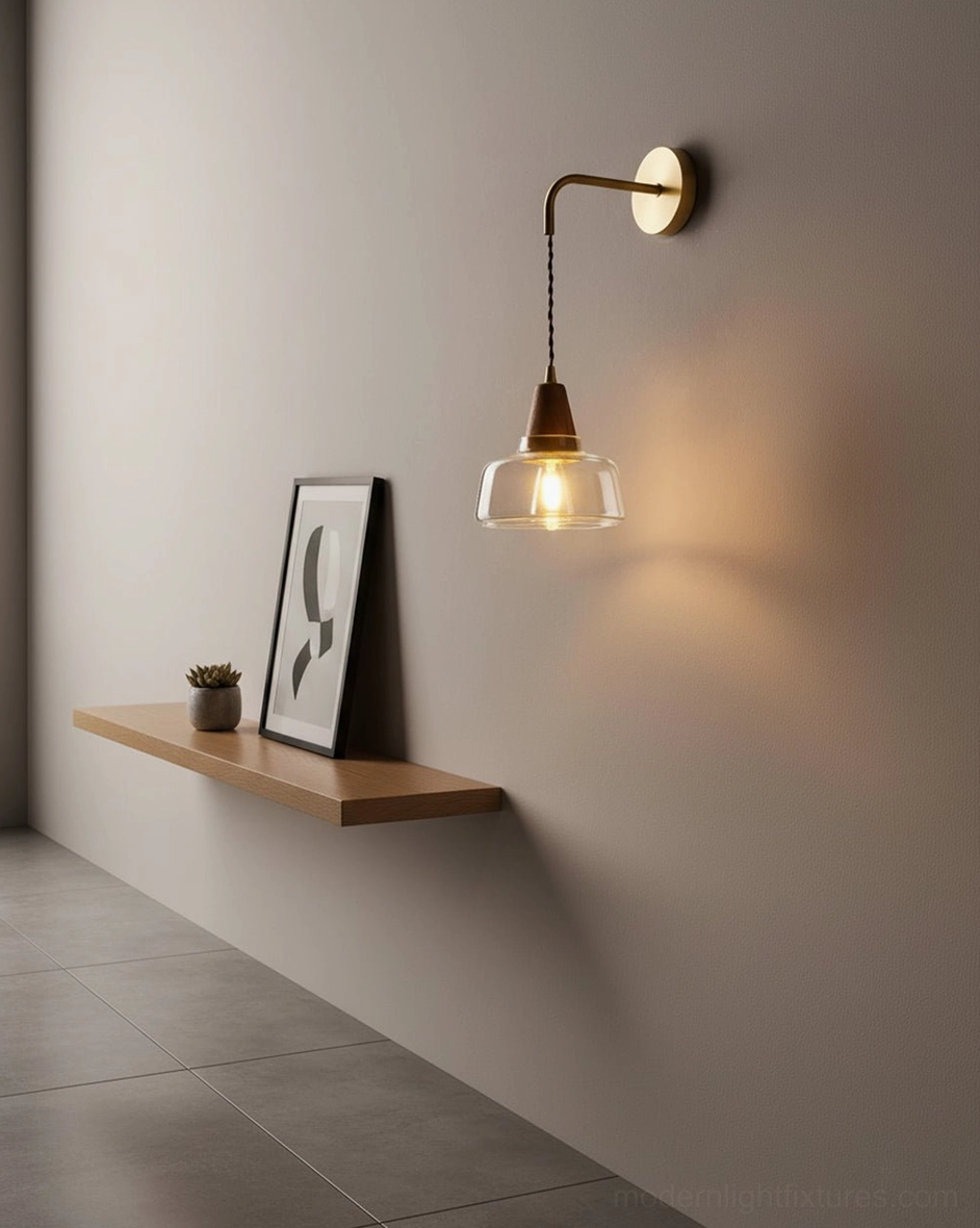 Minimalist wall sconce on gallery wall hallway - slim brass fixture with clear glass shade and artwork