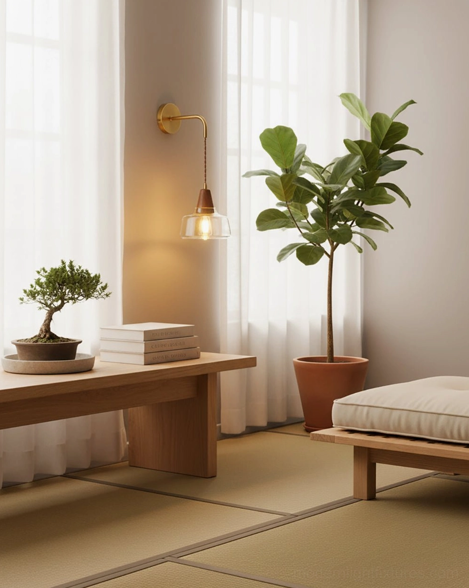 Wall-mounted plug-in sconce in sunlit Japanese-style room - warm vintage pendant with wooden accents and plants