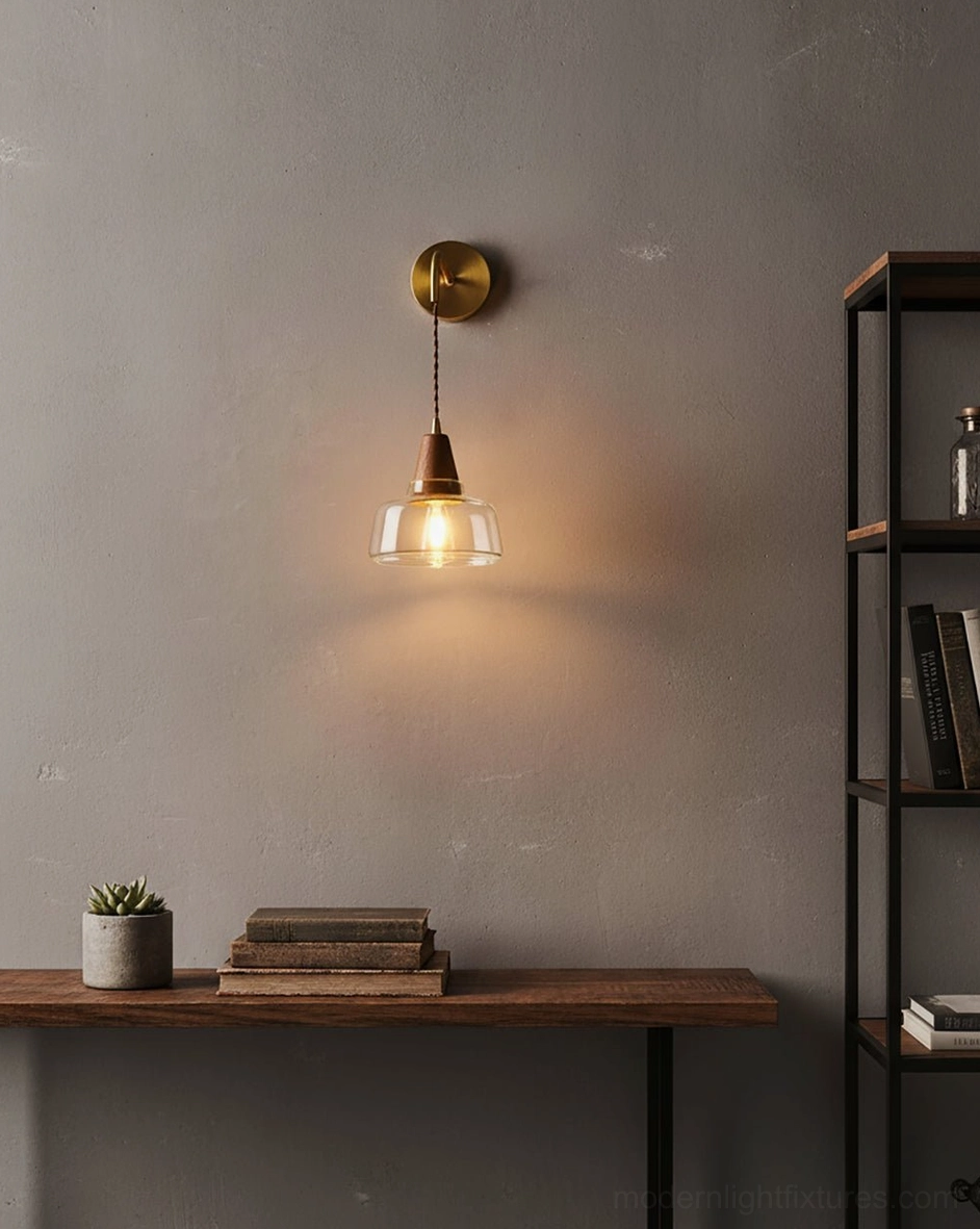Plug-in wall sconce twisted fabric cord and brass hardware - vintage twisted cord detail product image