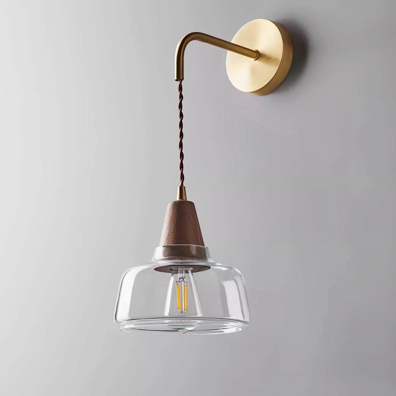 Rockford plug-in wall sconce three color options - brass, walnut, and clear glass shade variations
