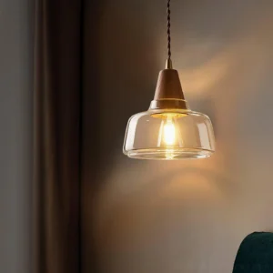Modern vintage pendant wall light with wooden fixture and clear glass shade - eye level residential interior view