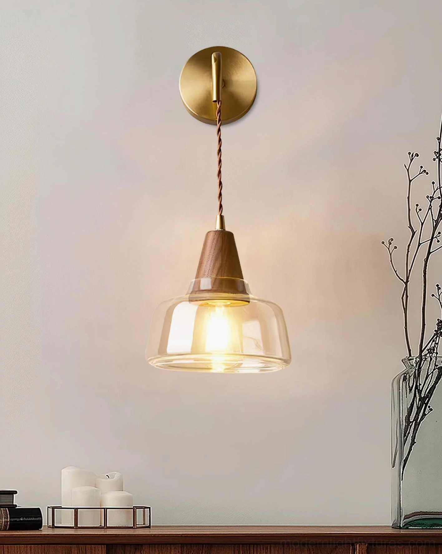 Plug-in wall sconce soft warm filament glow - 15W vintage bulb creating intimate ambient lighting