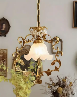 Ornate brass pendant light hanging in elegant French vintage living room, eye-level perspective