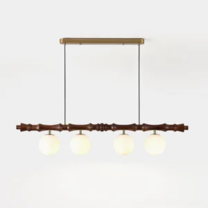 Rollo bamboo wood pendant chandelier with frosted glass globes, front view on white background