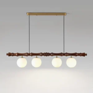 Rollo wooden chandelier with four frosted glass spheres, direct frontal view, bamboo joint detail