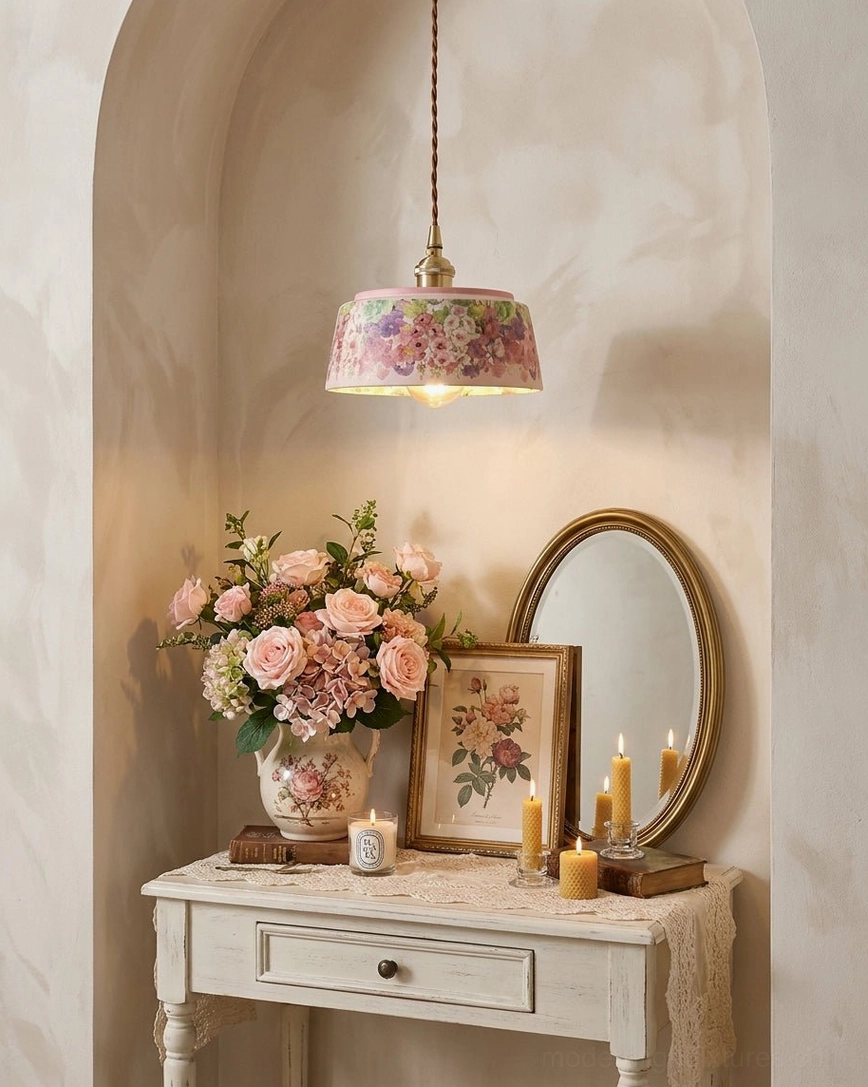 Romantic minimalist pendant light with painted ceramic shade above vanity alcove