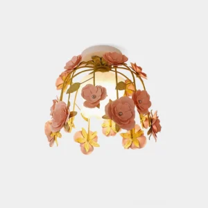 Romantic floral ceiling light with pink roses and white blooms on white background, handcrafted botanical pendant lamp
