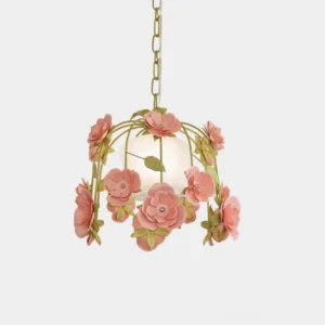 Pink rose pendant chandelier with hand-carved blooms, white frosted glass shade, green metal frame - romantic floral pendant light studio view