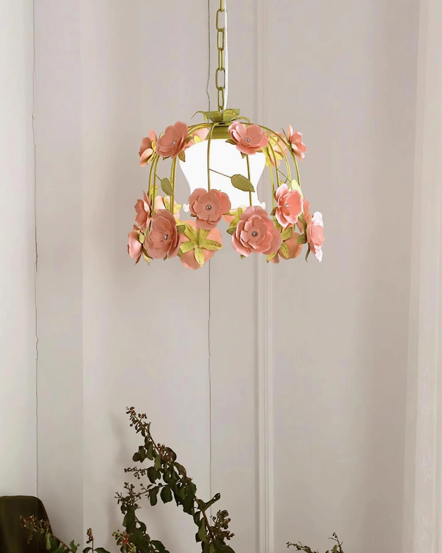 Romantic floral pendant light with multiple color variations - pink, white, and green hand-carved flower options displayed