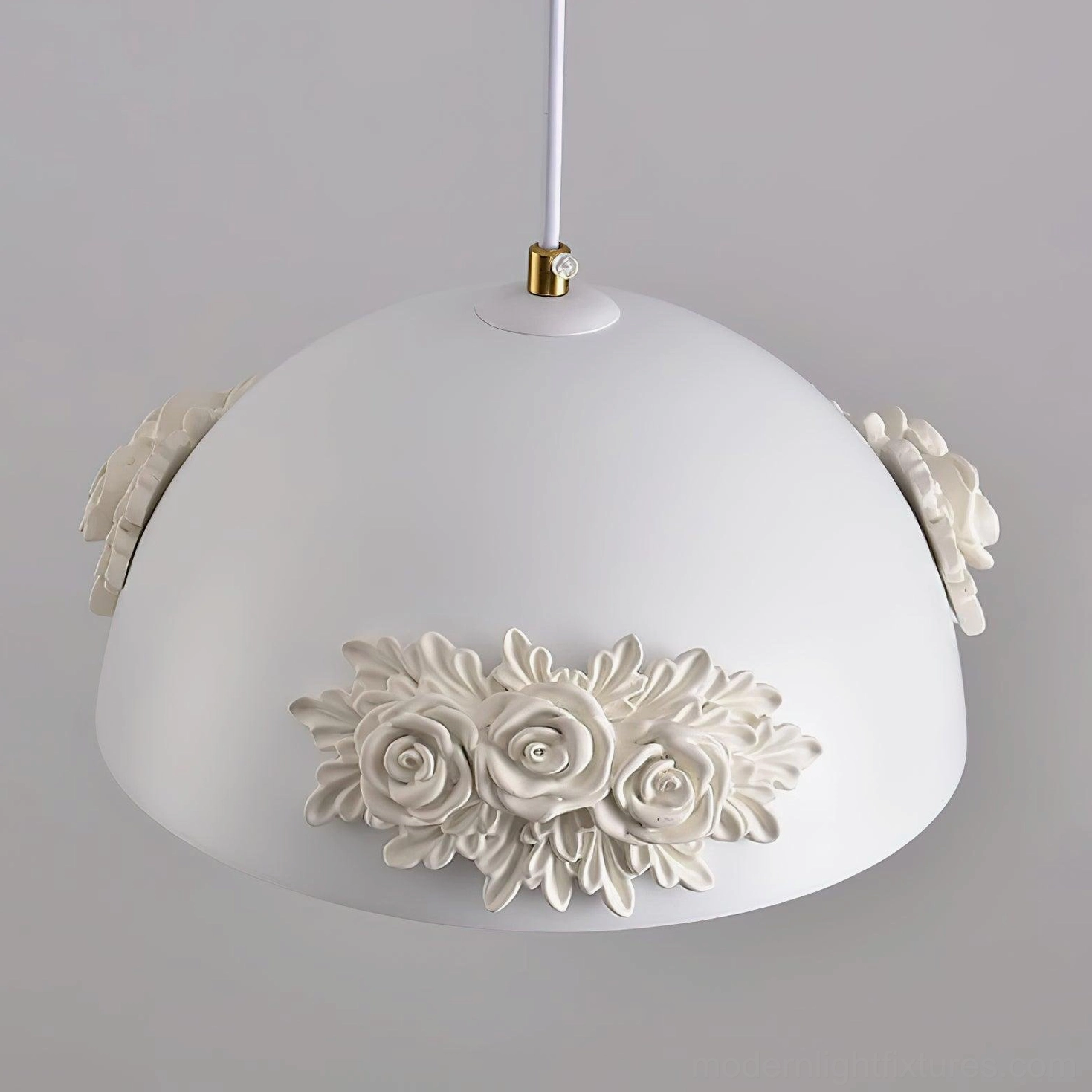 Romantic floral pendant light with 3D rose details on white acrylic dome shade, modern home ceiling fixture styling