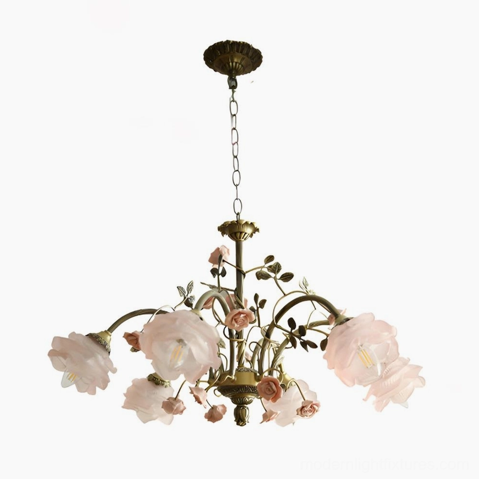 Romantic French floral chandelier front view on white background vintage country style with pink flower shades and bronze antique frame