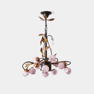 Romantic Giulia floral chandelier with 15 pink frosted glass flower shades and dark bronze metal frame with gold leaf accents, front product view
