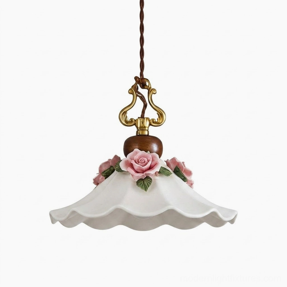 Vintage romantic pendant light fixture with scalloped ruffled hem ceramic shade and decorative brass details