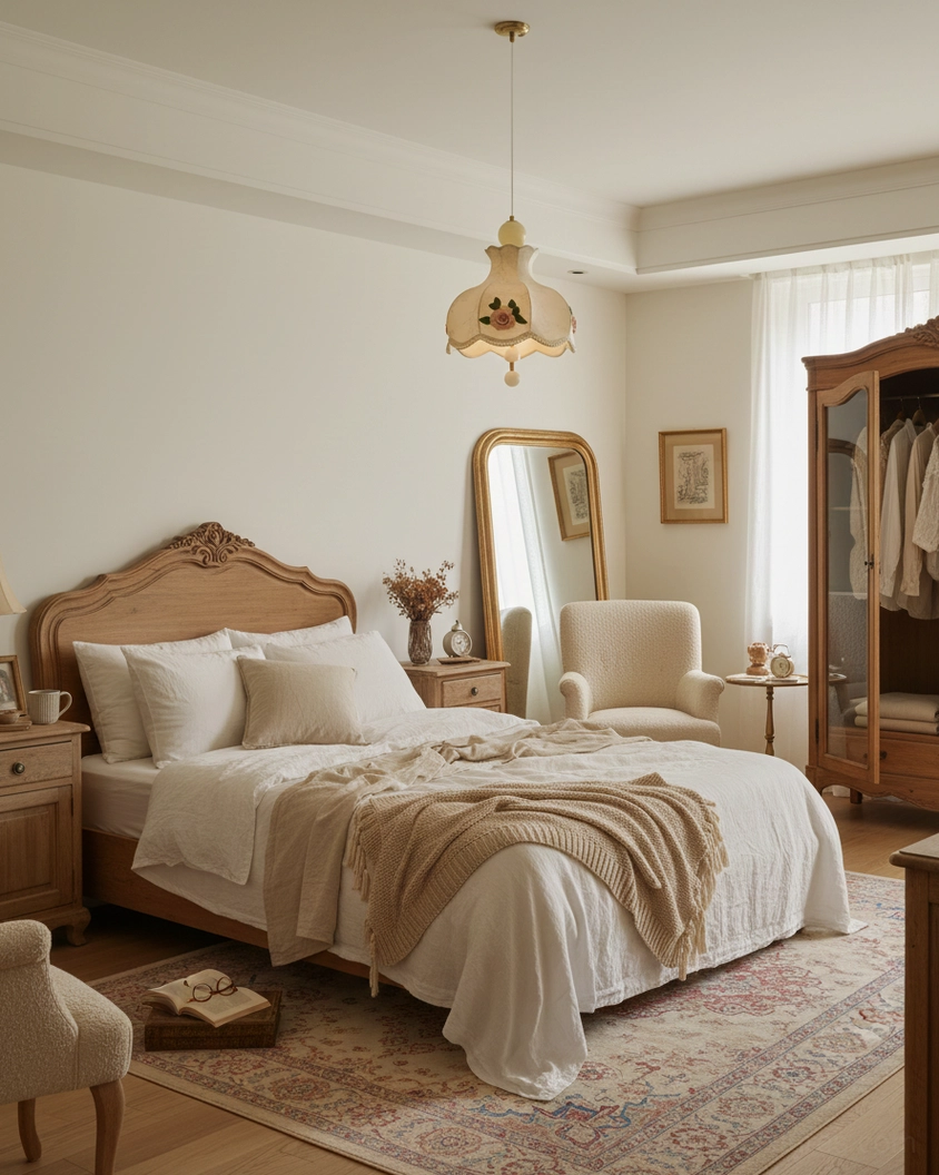 Floral pendant light illuminating master bedroom space above carved wooden bed in French country style bedroom