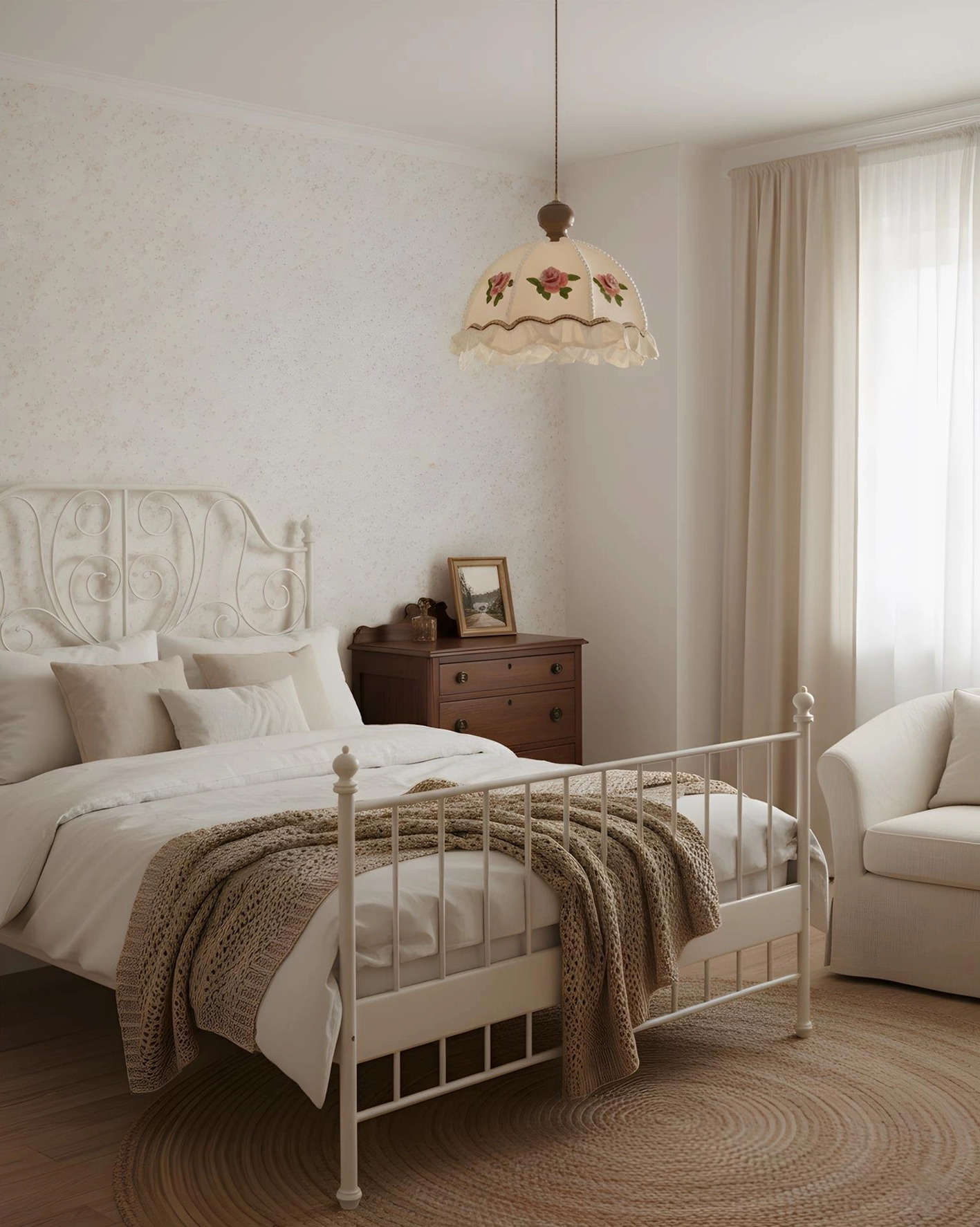 Romantic floral pendant lamp above white vintage bedroom bed providing soft warm illumination