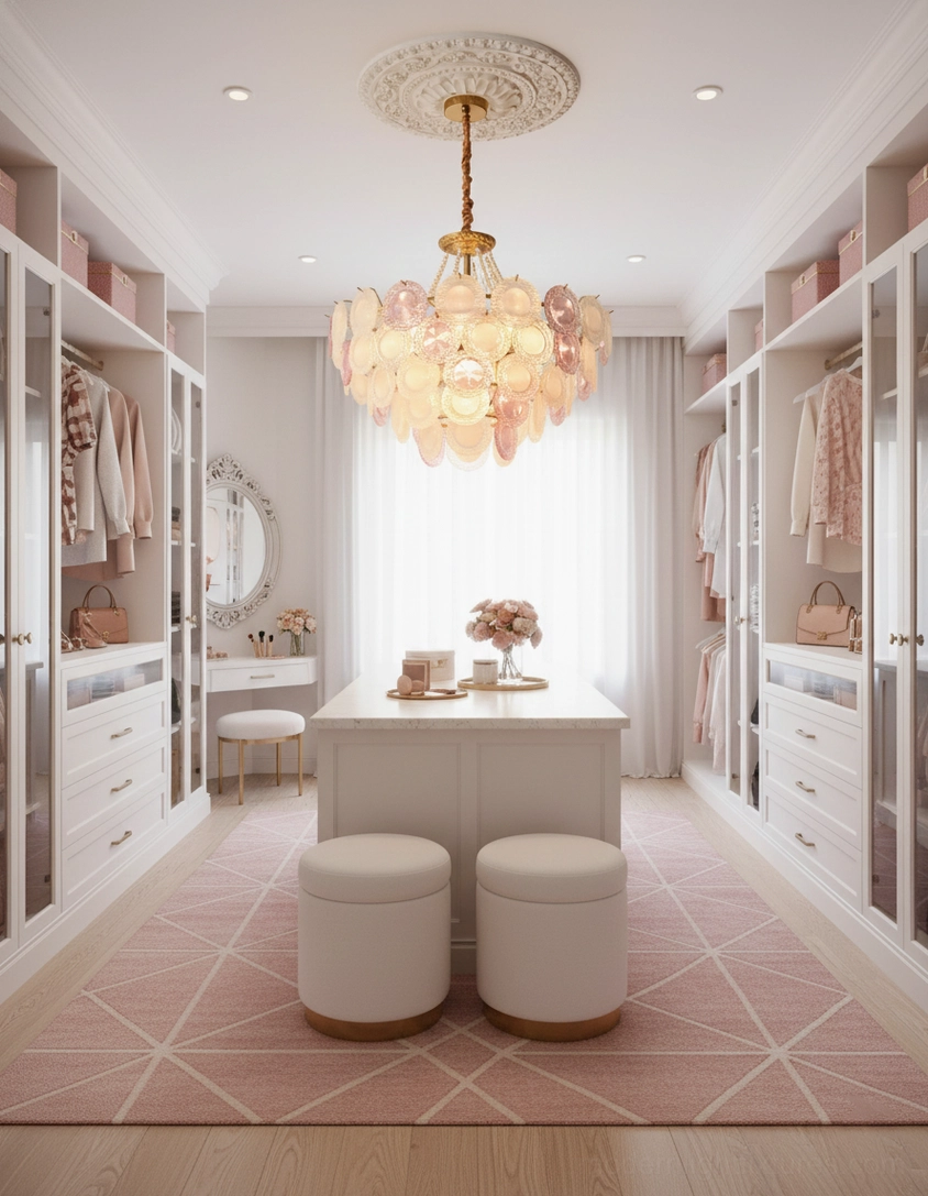 Violaire chandelier in feminine walk-in closet with soft warm glowing light creating romantic dressing room ambiance
