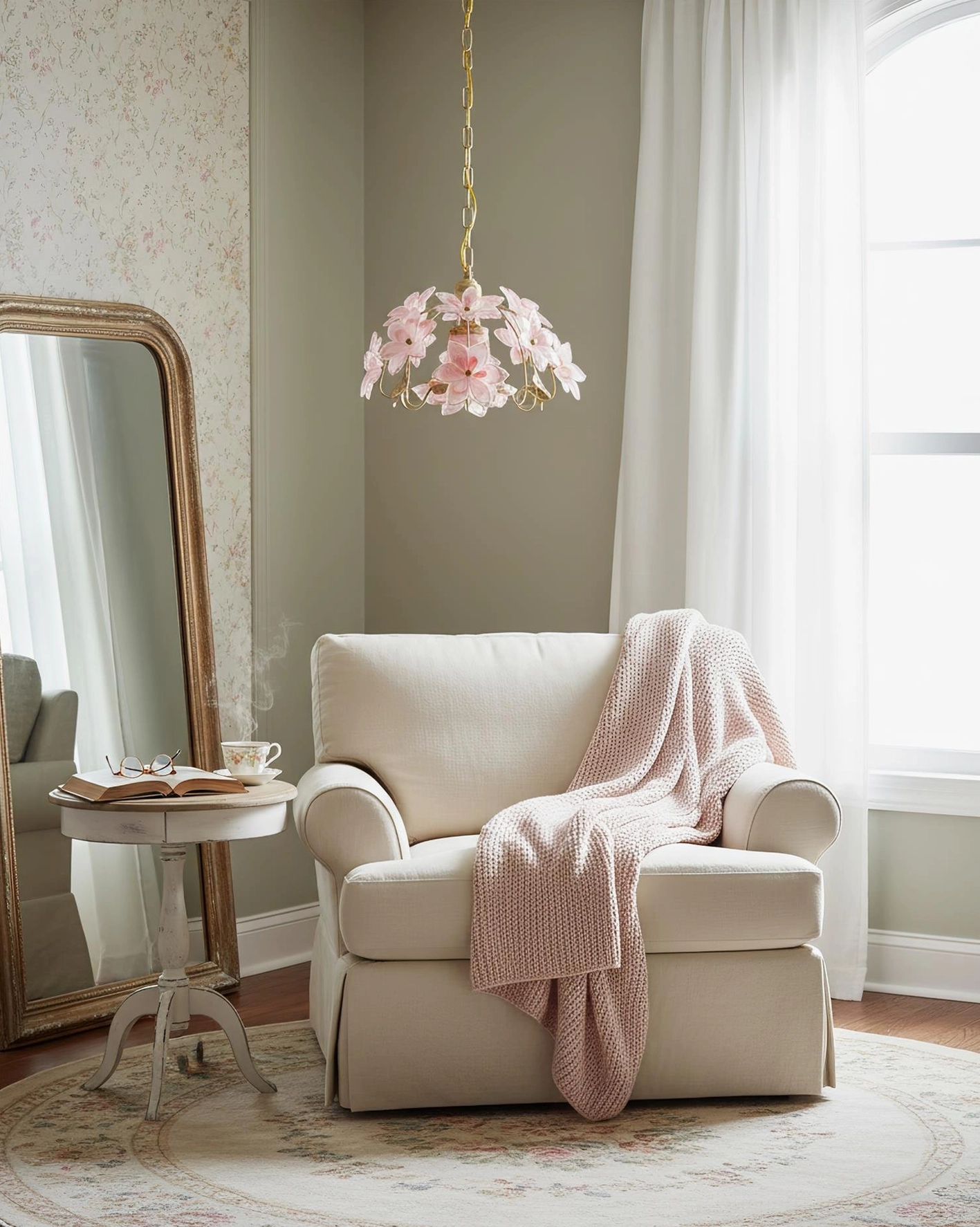 Pink floral pendant chandelier in cozy cottagecore living room, romantic home decor