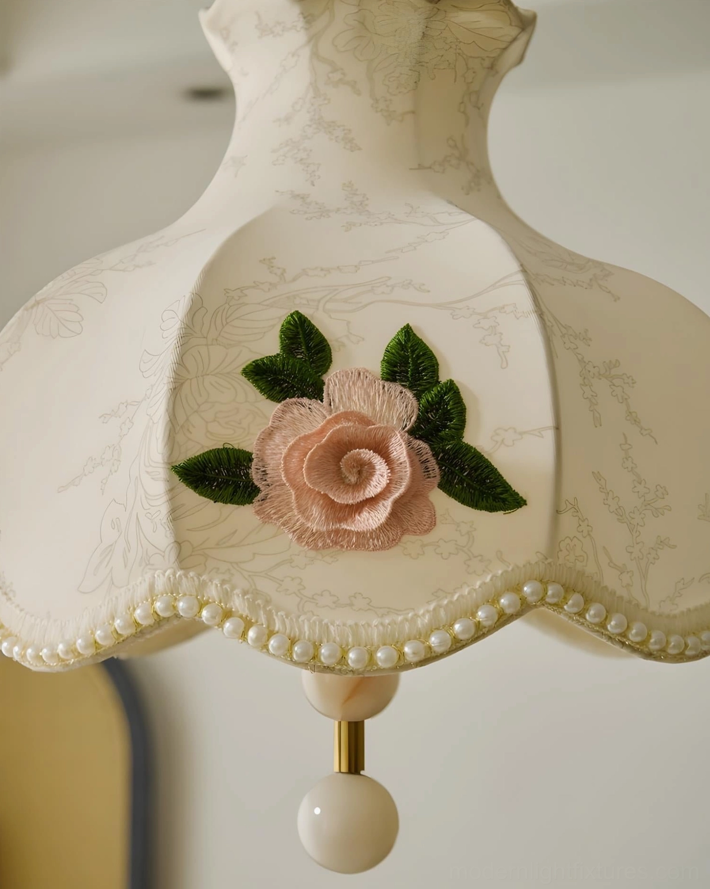 Romantic floral pendant light fixture with intricate rose embroidery and beaded trim accents