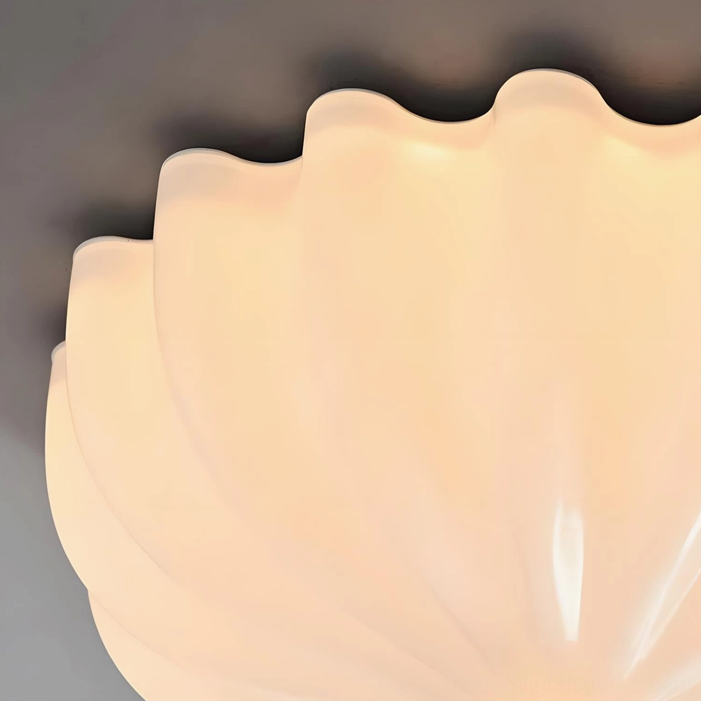 Belle Coquille modern shell-inspired ceiling lamp, romantic white glass design with pink floral accent, top view angle