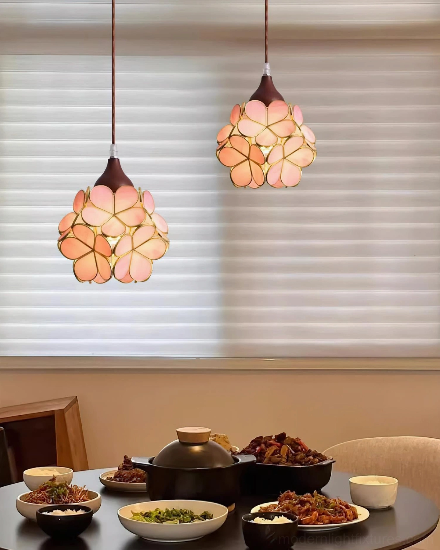 Romantic stained glass flower pendant ceiling light with pink tones and wooden detailing, artisan botanical design