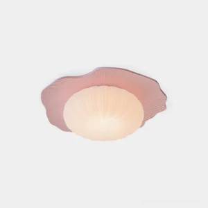 Rory modern shell-inspired ceiling light fixture in soft pink with frosted white plastic shade, front overhead studio view showcasing organic ribbed pattern