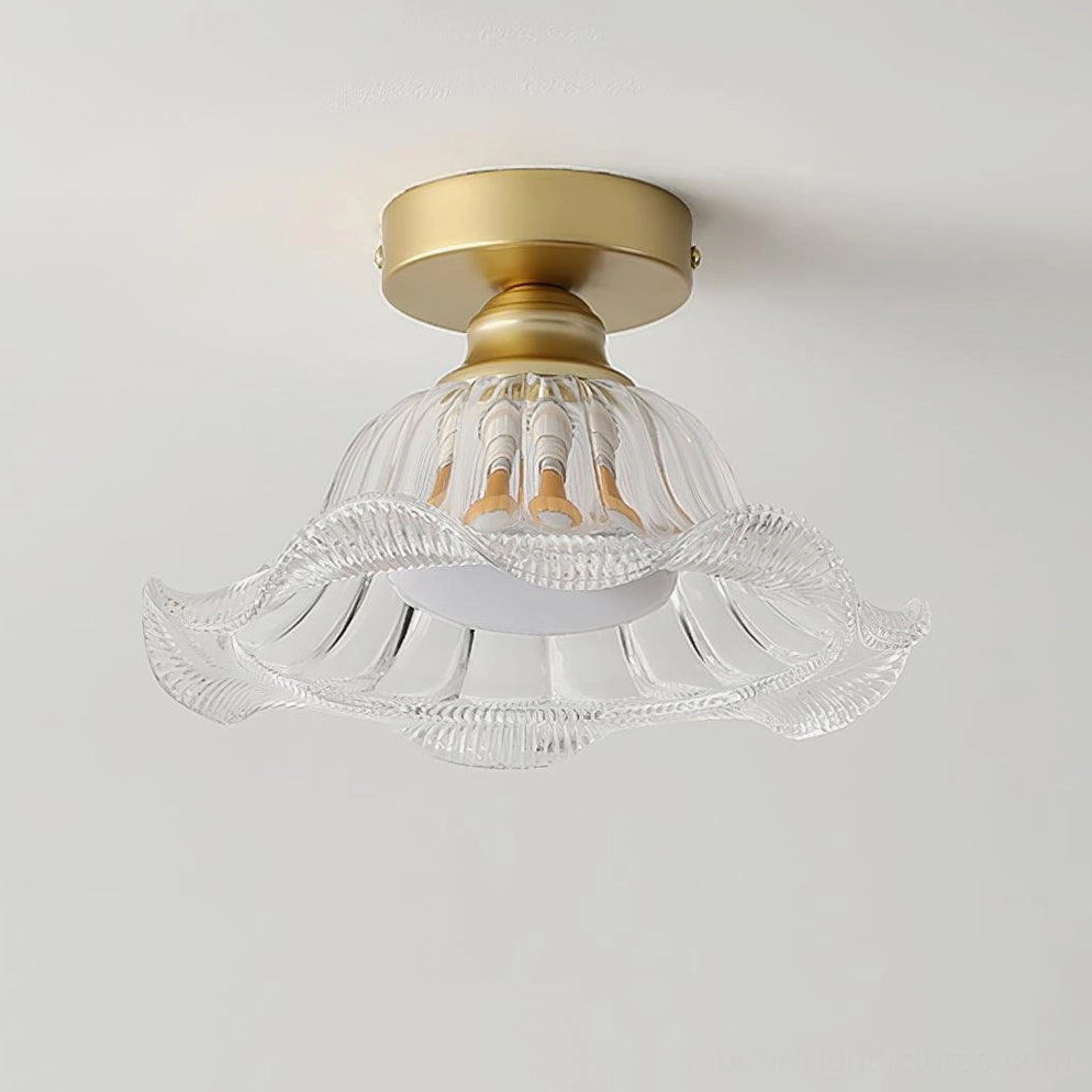 Bottom view of Rosa ribbed ruffled glass ceiling lamp showing brass gold base and LED structure