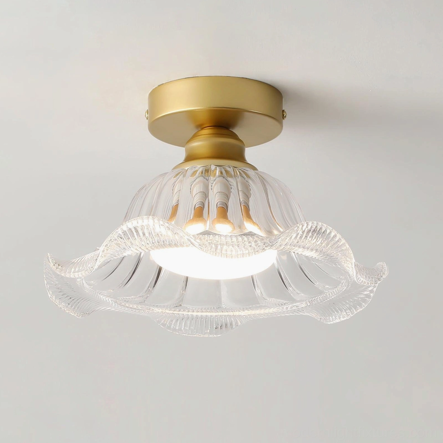 Rosa brass and ruffled glass flush mount ceiling fixture, contemporary design lighting solution