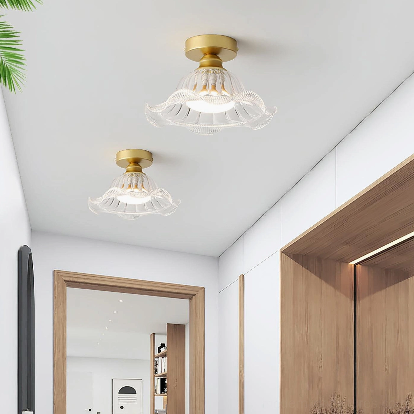 Twin Rosa flower glass ceiling lights in modern wooden-accented residential corridor with warm lighting