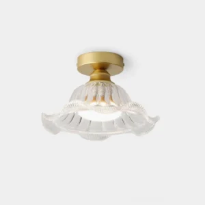 Rosa geometric glass flush mount ceiling light with ruffled glass shade and brass gold canopy, close-up detail view