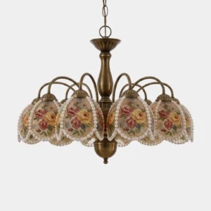 Rosabelle vintage floral chandelier with antique brass frame and champagne rose-patterned resin shades - front product view