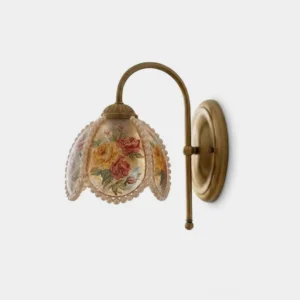 Rosabelle vintage floral wall sconce with gold brass finish and pearl-trim resin rose shade, front studio view isolated on white background