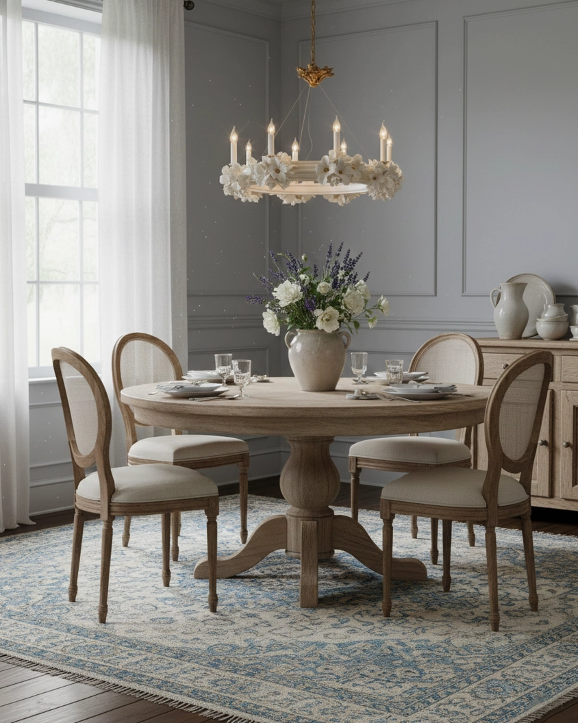 Gold and white floral chandelier in French country dining space with gray paneled walls and wood furniture
