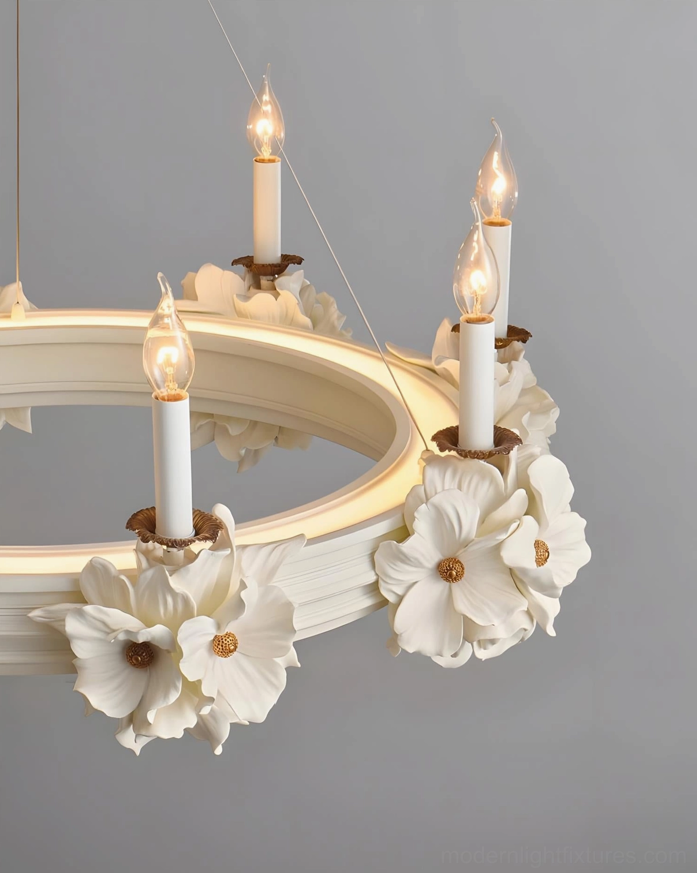 Rosalia floral chandelier detailed view of hand-crafted blossoms and candle-style bulb arrangement