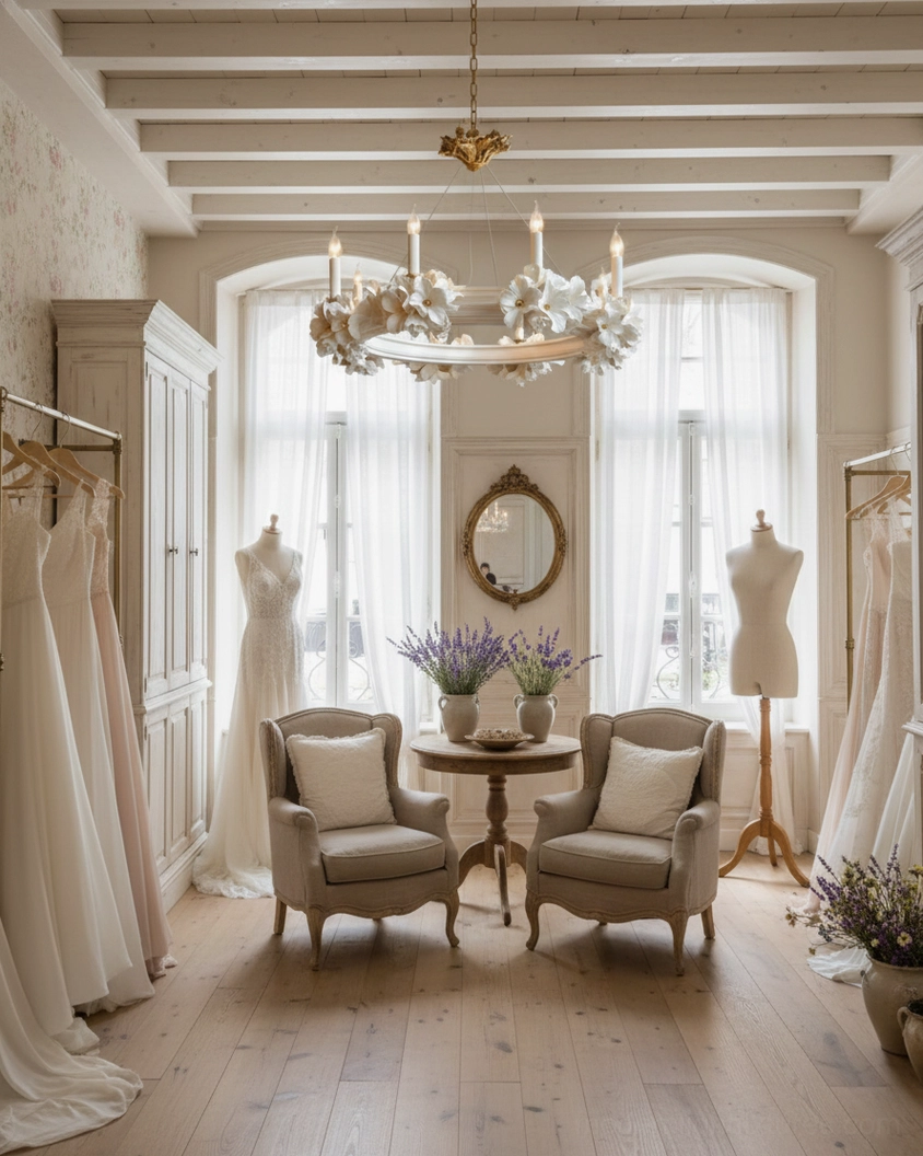 Rosalia gold and white floral chandelier in vintage lounge bridal fitting studio space