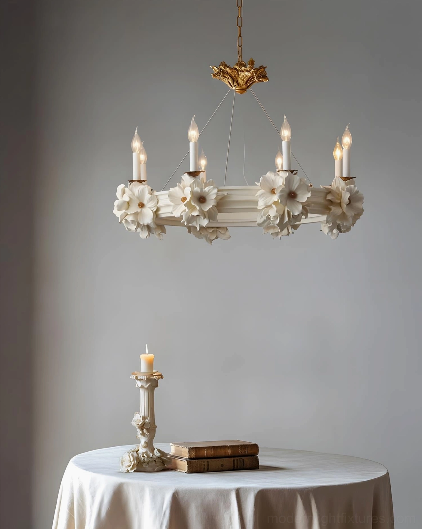 Rosalia floral candle-style chandelier close-up display with gold metal hardware and fabric flower accents