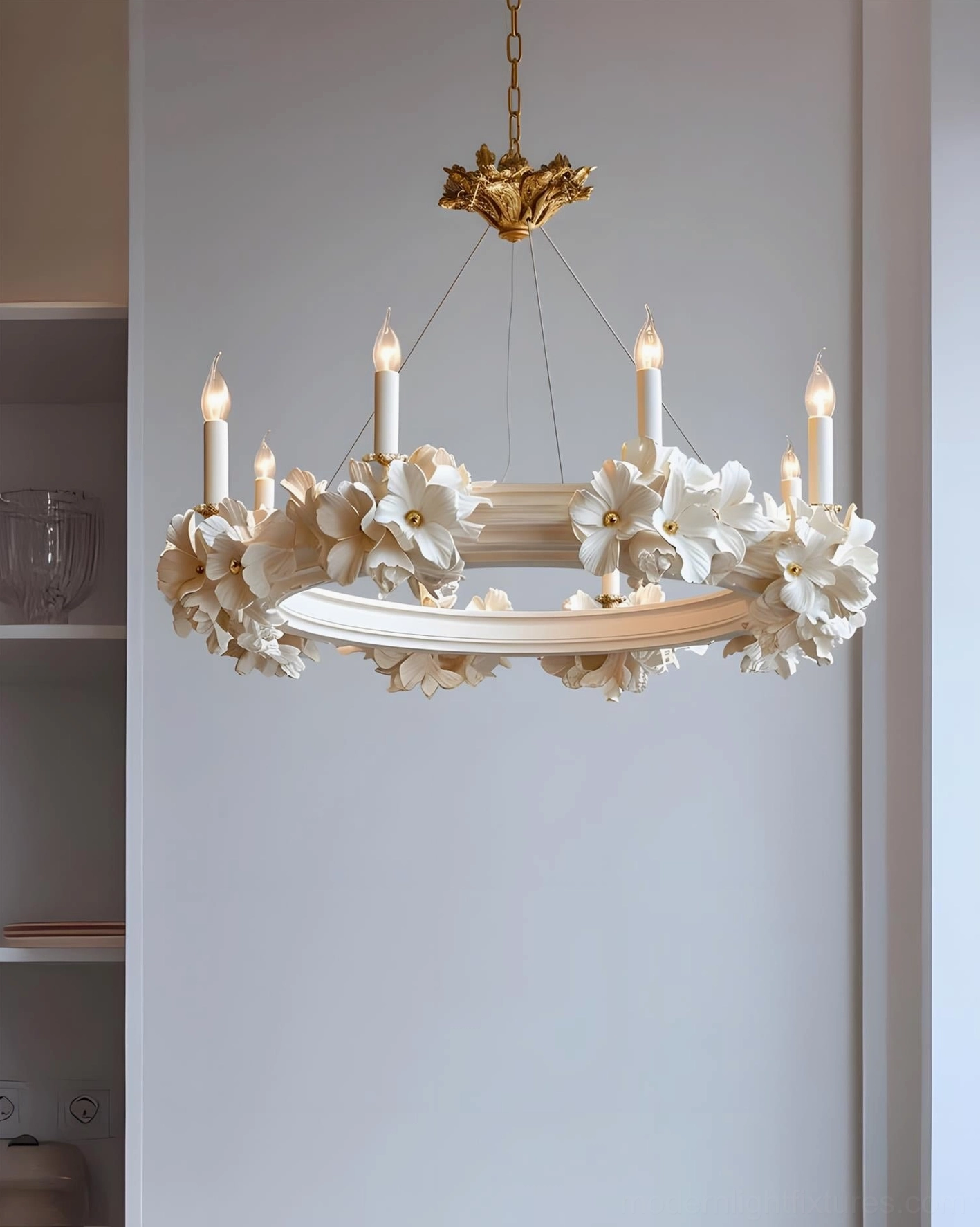 Rosalia hand-formed floral chandelier frontal close-up against neutral gray wall romantic French design