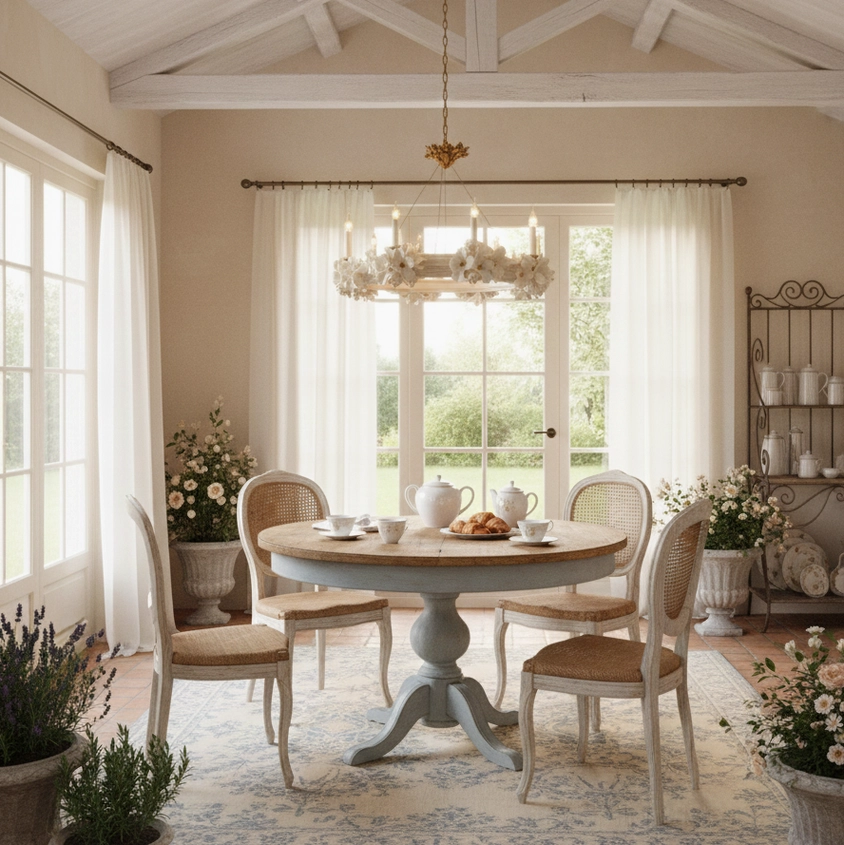 Rosalia floral chandelier in rustic farmhouse dining room with round wooden table and upholstered chairs