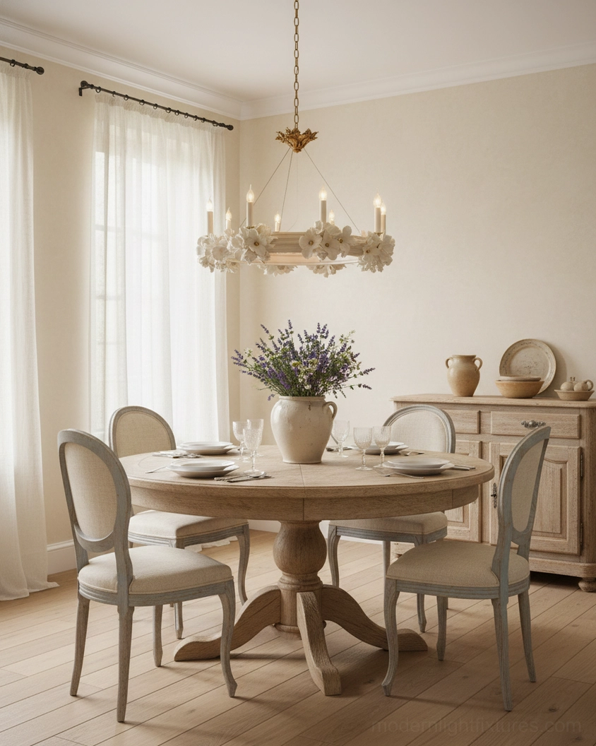 Rosalia hand-crafted floral chandelier above round wooden dining table in warm sunlit room