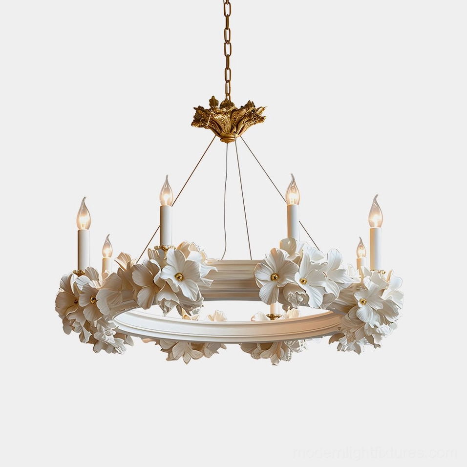 Rosalia floral chandelier frontal close-up view showcasing hand-formed porcelain-like blossoms and gold metal canopy