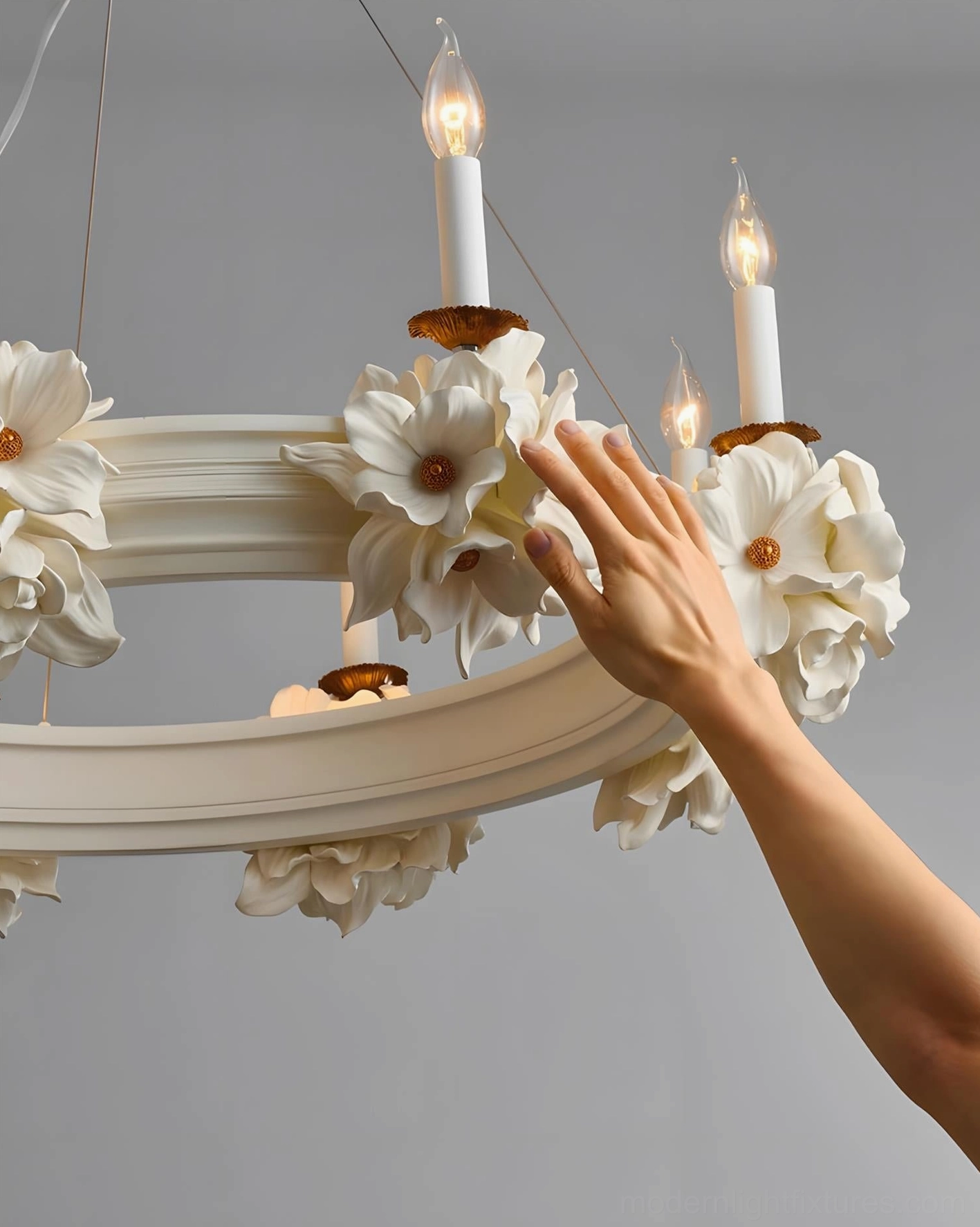 Rosalia gold and white floral chandelier full product view with adjustable hanging chain